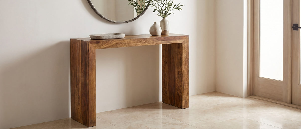 Carosino Solid Sheesham Waterfall Console Table in the room