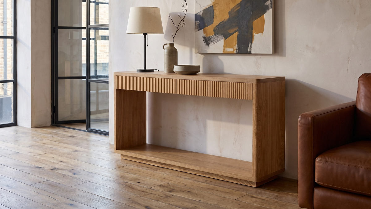 A warm frame on the wall. - Carovigno Fluted Wood Veneer Console Table