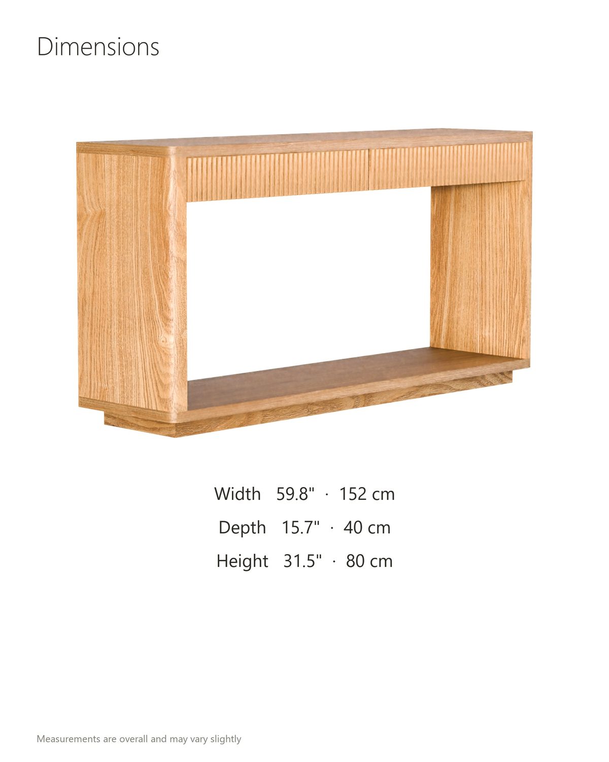 Carovigno Fluted Wood Veneer Console Table dimensions: 59.8 in wide, 15.7 in deep, 31.5 in high