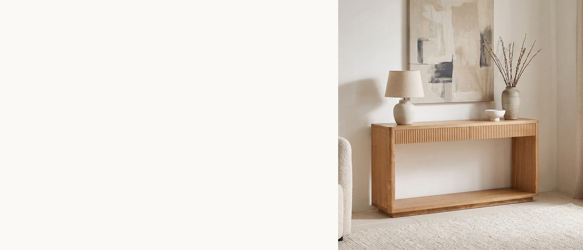 Two slatted drawers, one open frame. - Carovigno Fluted Wood Veneer Console Table