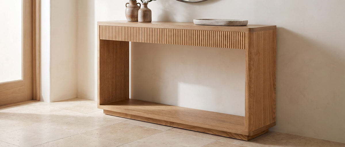 Carovigno Fluted Wood Veneer Console Table in the room
