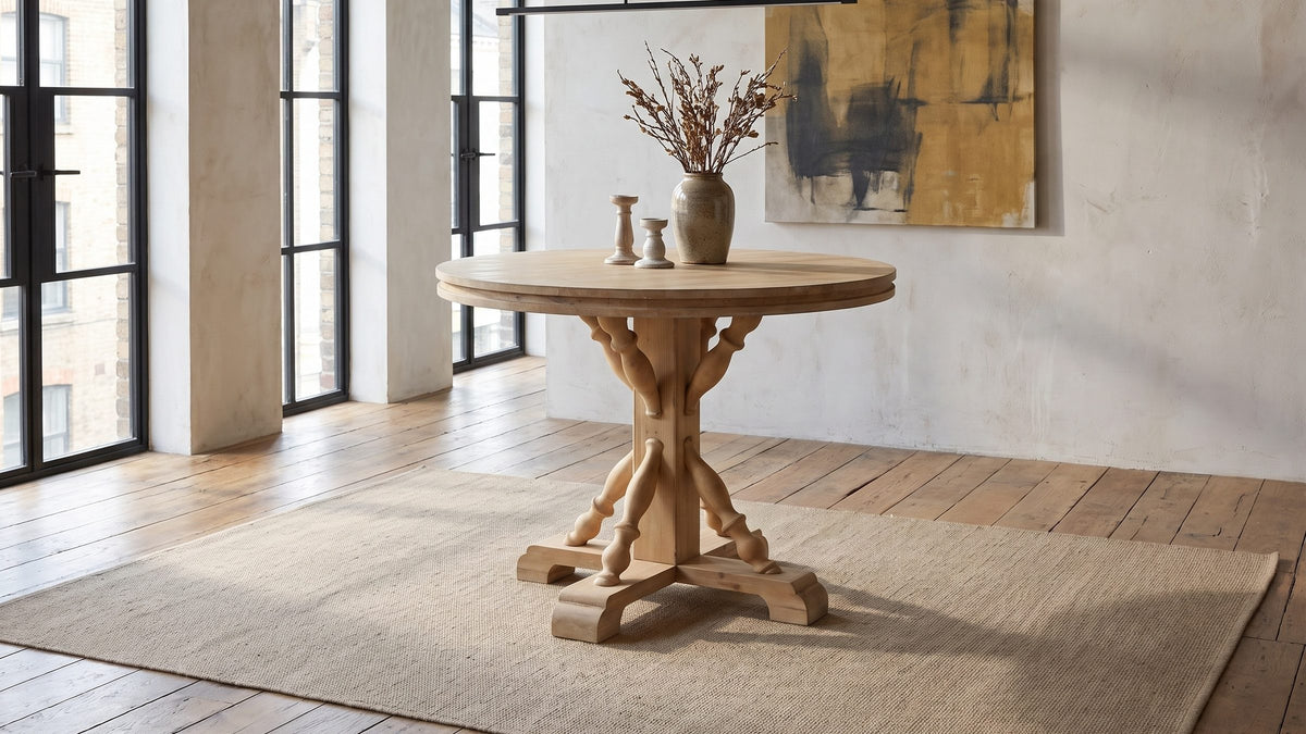 Pale fir, farmhouse lines. - Casabona 42-Inch Round Fir Baluster Pedestal Dining Table