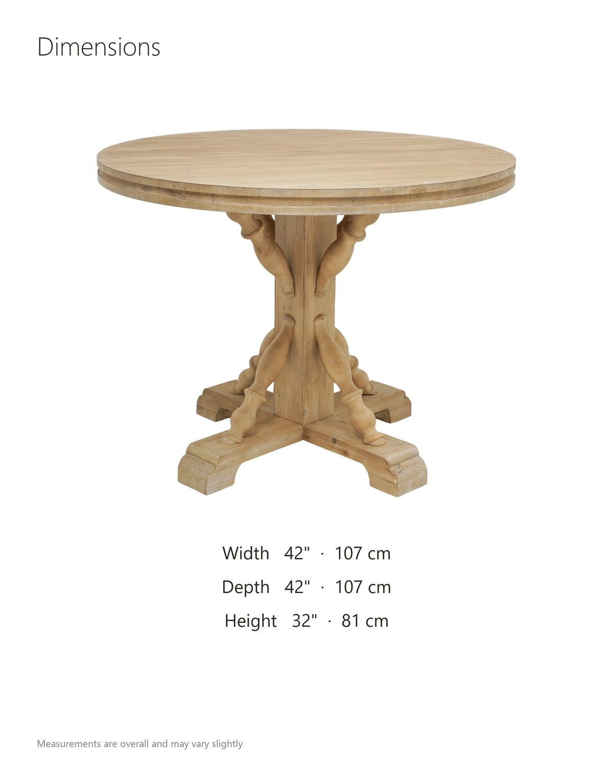 Casabona 42-Inch Round Fir Baluster Pedestal Dining Table dimensions: 42 in across and 32 in high