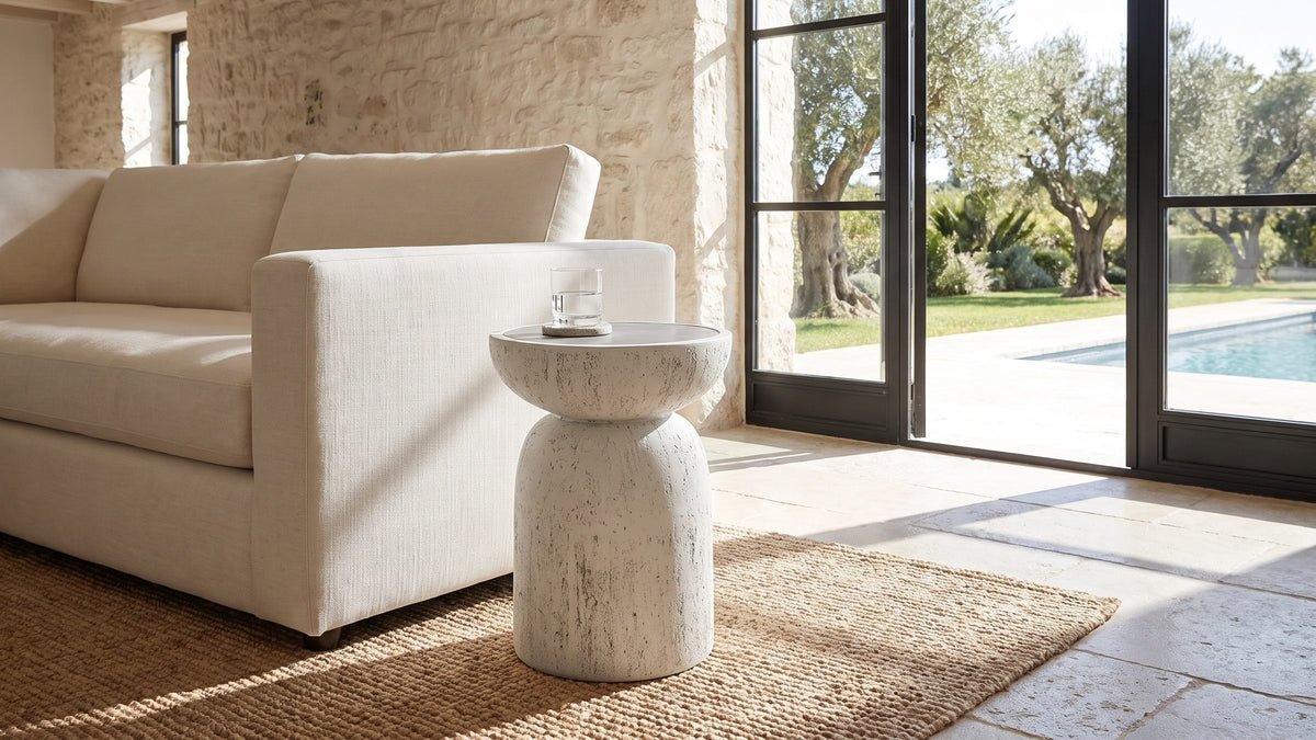 Chalk white, soft grey. - Casarano Fiber Concrete Hourglass Side Table