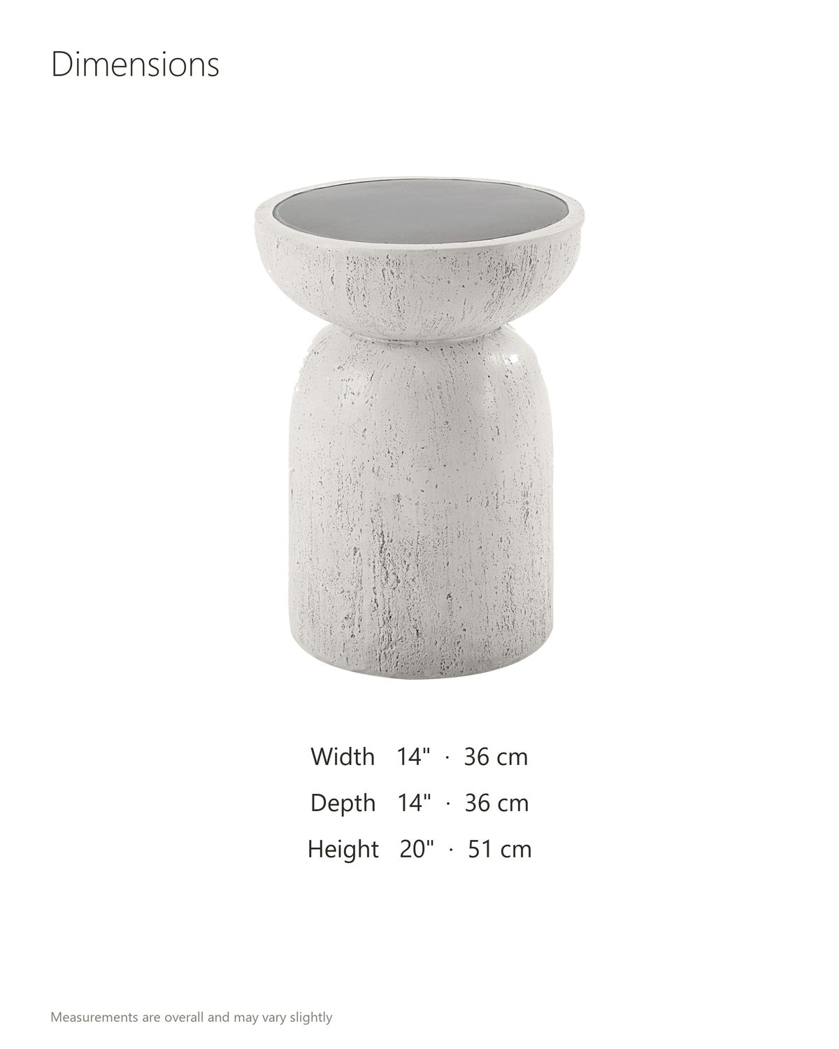 Casarano Fiber Concrete Hourglass Side Table dimensions: 14 in wide, 14 in deep, 20 in high