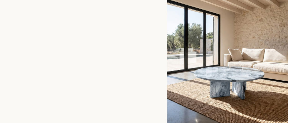 Grey stone, bold veins. - Cascia Compact Blue-Grey Marble Coffee Table