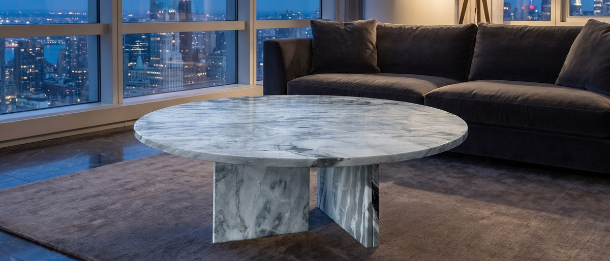 Cascia Compact Blue-Grey Marble Coffee Table in the room