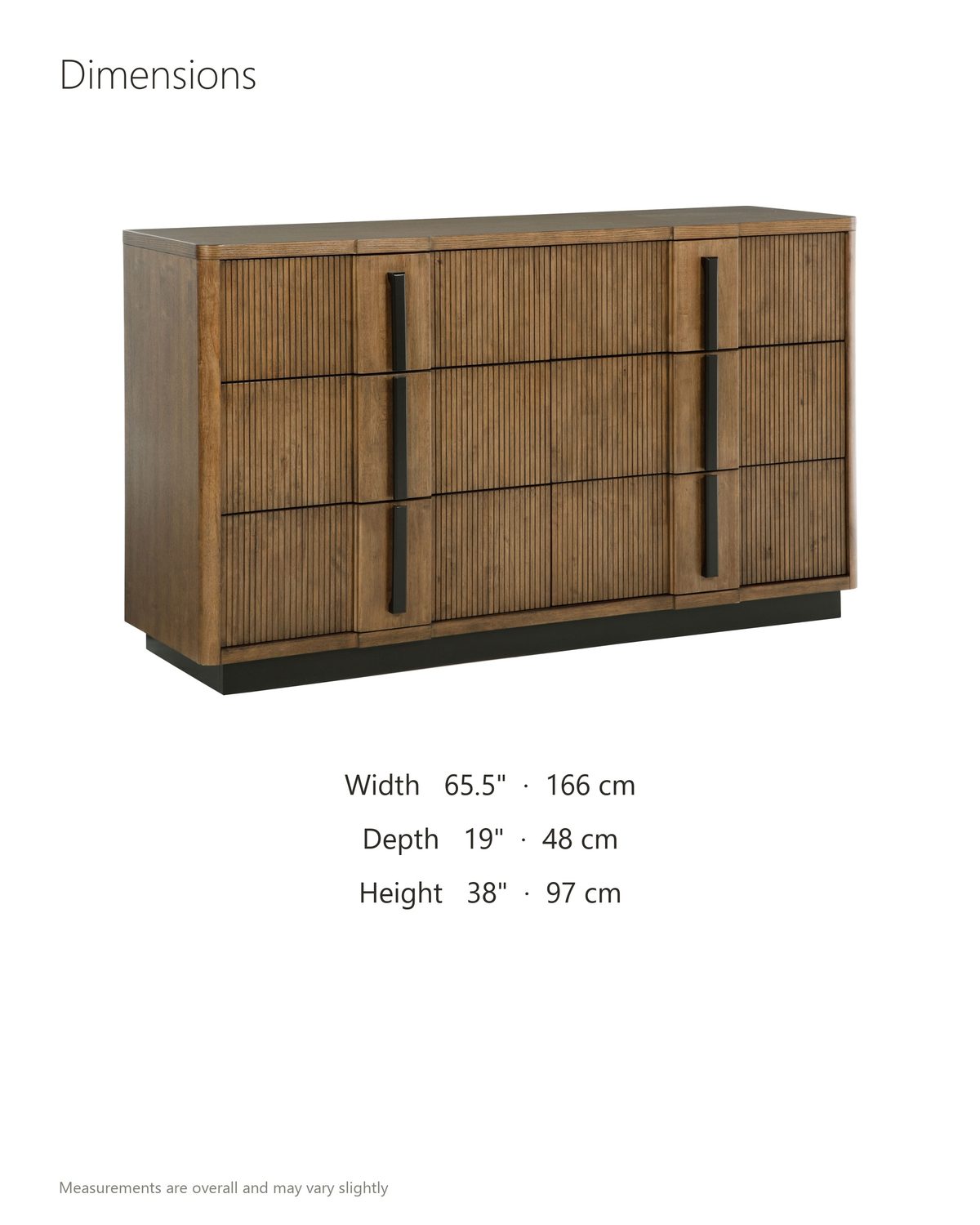 Castelfranco 65.5-Inch Ash Brown Reeded 6-Drawer Dresser dimensions: 65.5 in wide, 19 in deep, 38 in high