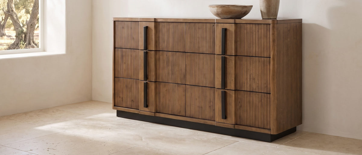 Castelfranco 65.5-Inch Ash Brown Reeded 6-Drawer Dresser in the room