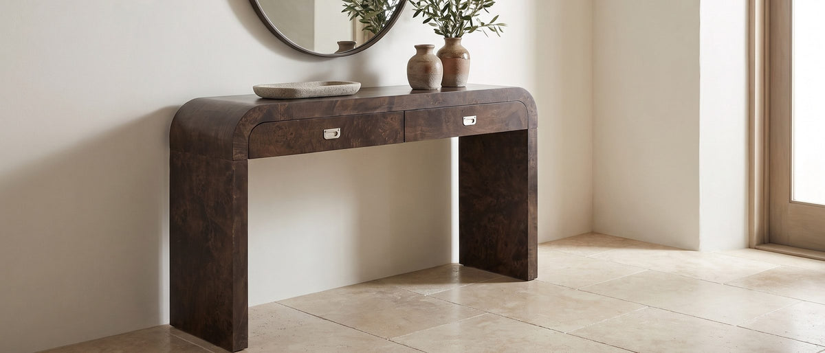 Castellana Burl Veneer Waterfall Console Table in the room