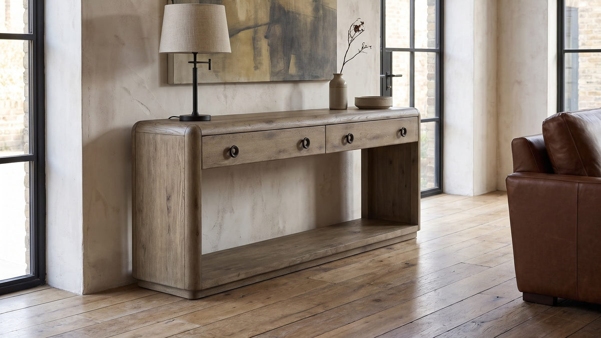 Weathered oak, end to end. - Castellaneta Knotty Oak Veneer Console Table
