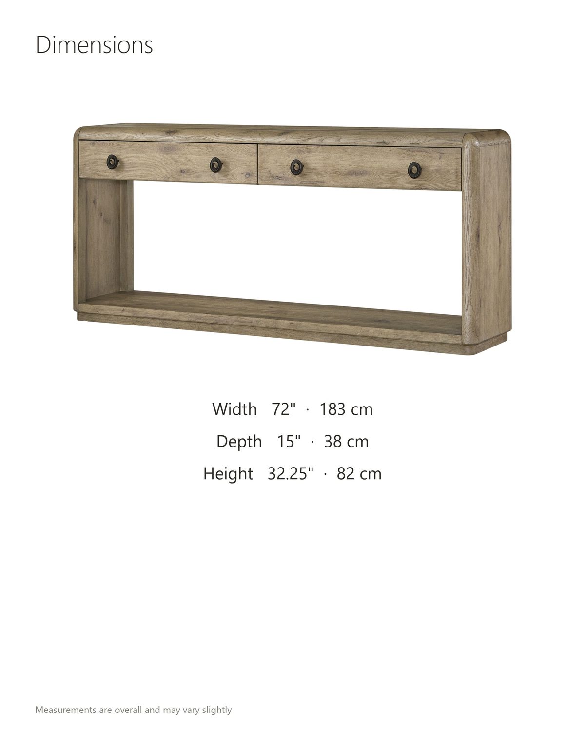 Castellaneta Knotty Oak Veneer Console Table dimensions: 72 in wide, 15 in deep, 32.25 in high