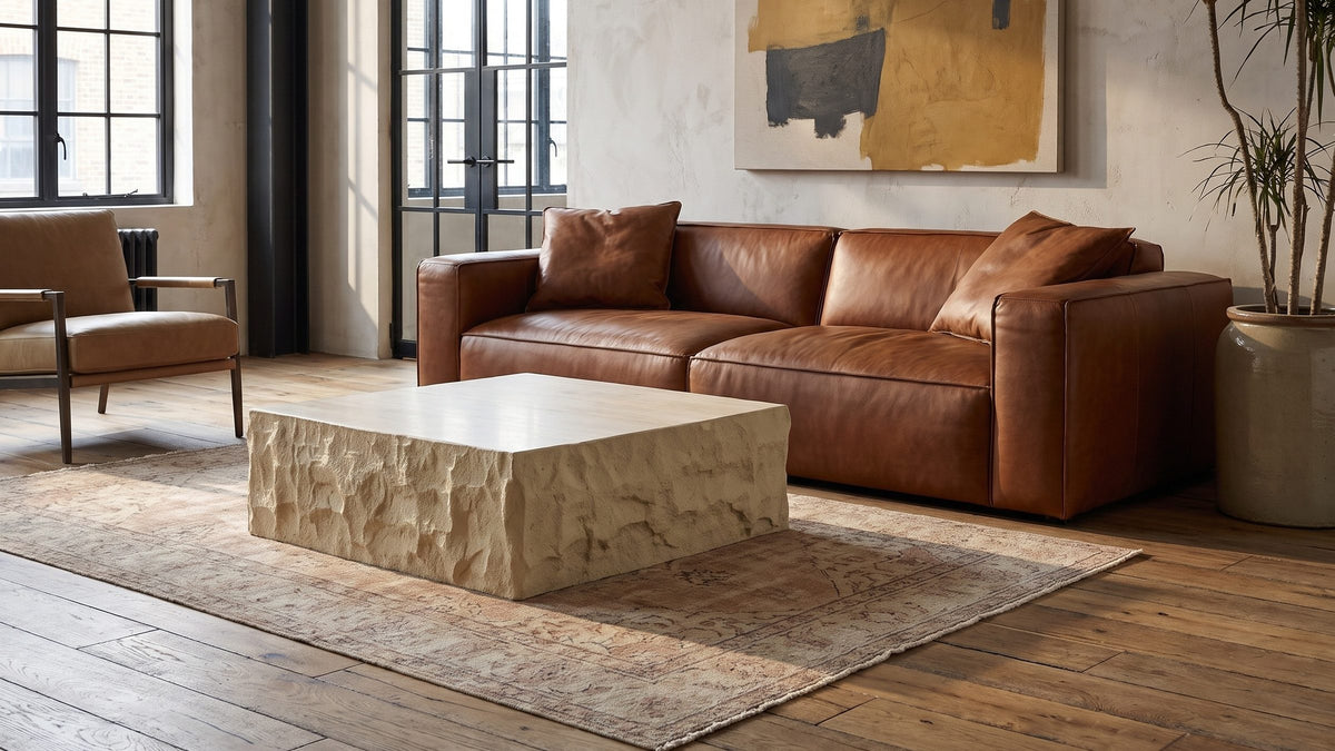 Sand-coloured, squared, low. - Castellina Faux Travertine Fiberglass Block Coffee Table