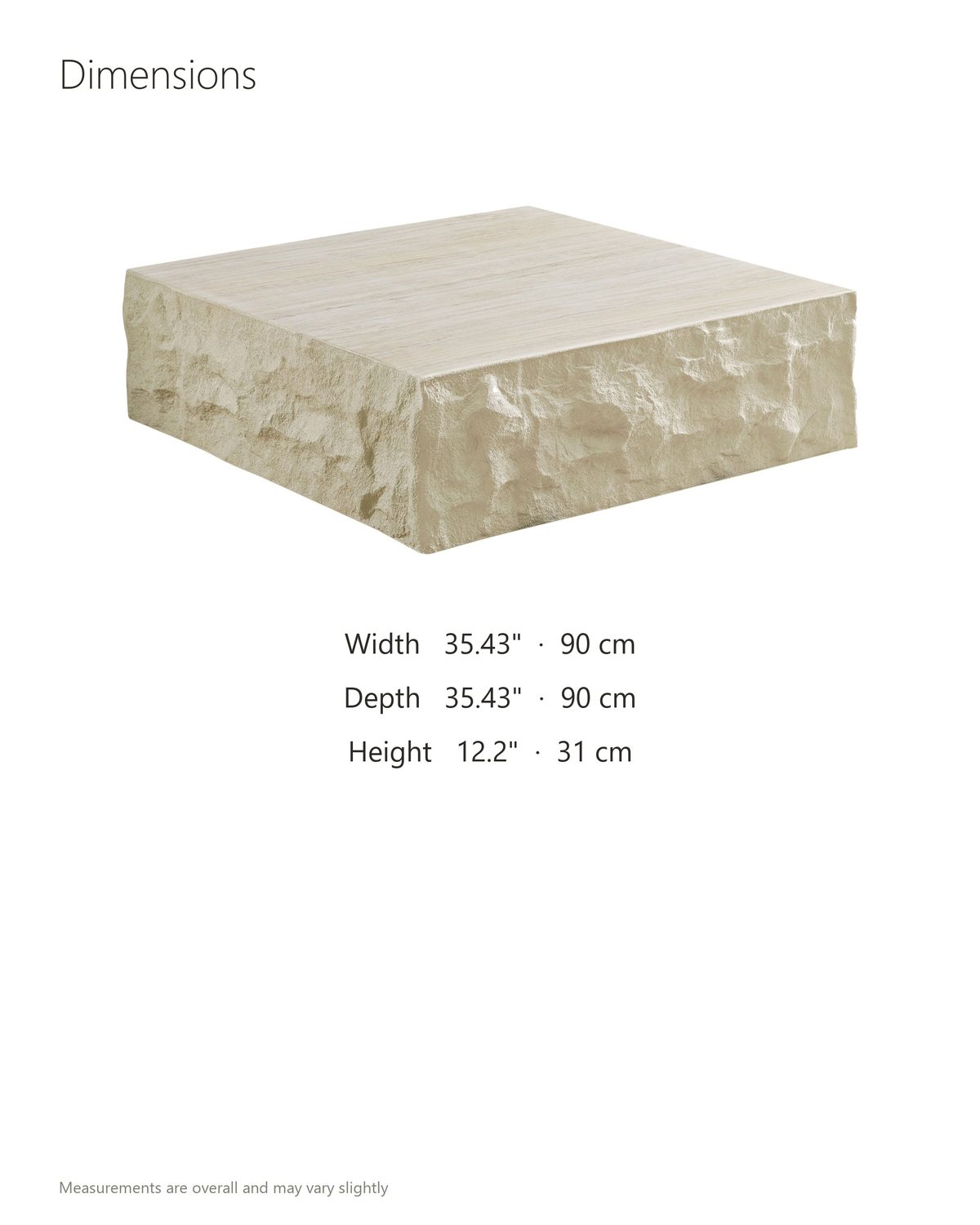 Castellina Faux Travertine Fiberglass Block Coffee Table dimensions: 35.43 in wide, 35.43 in deep, 12.2 in high