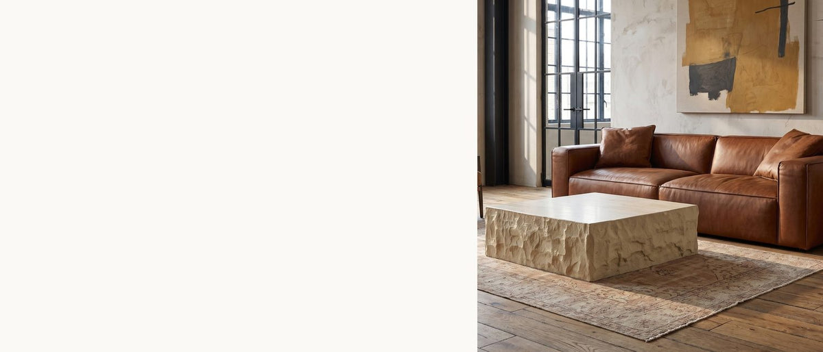 A squared block, rough-sided. - Castellina Faux Travertine Fiberglass Block Coffee Table