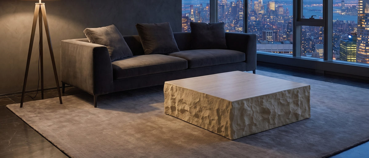 Castellina Faux Travertine Fiberglass Block Coffee Table in the room