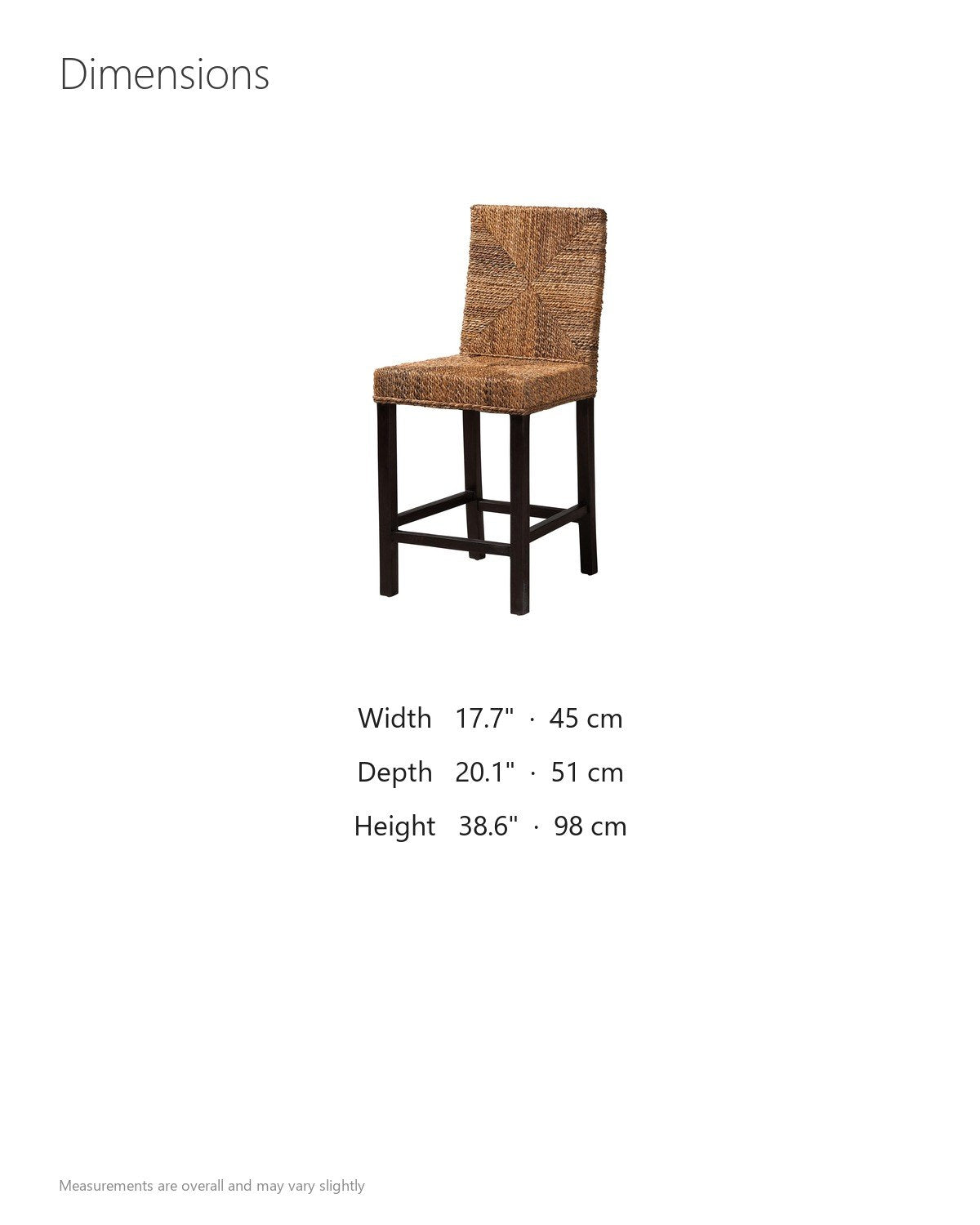 Castrolibero Woven Natural Fiber and Dark Wood Counter Stool dimensions