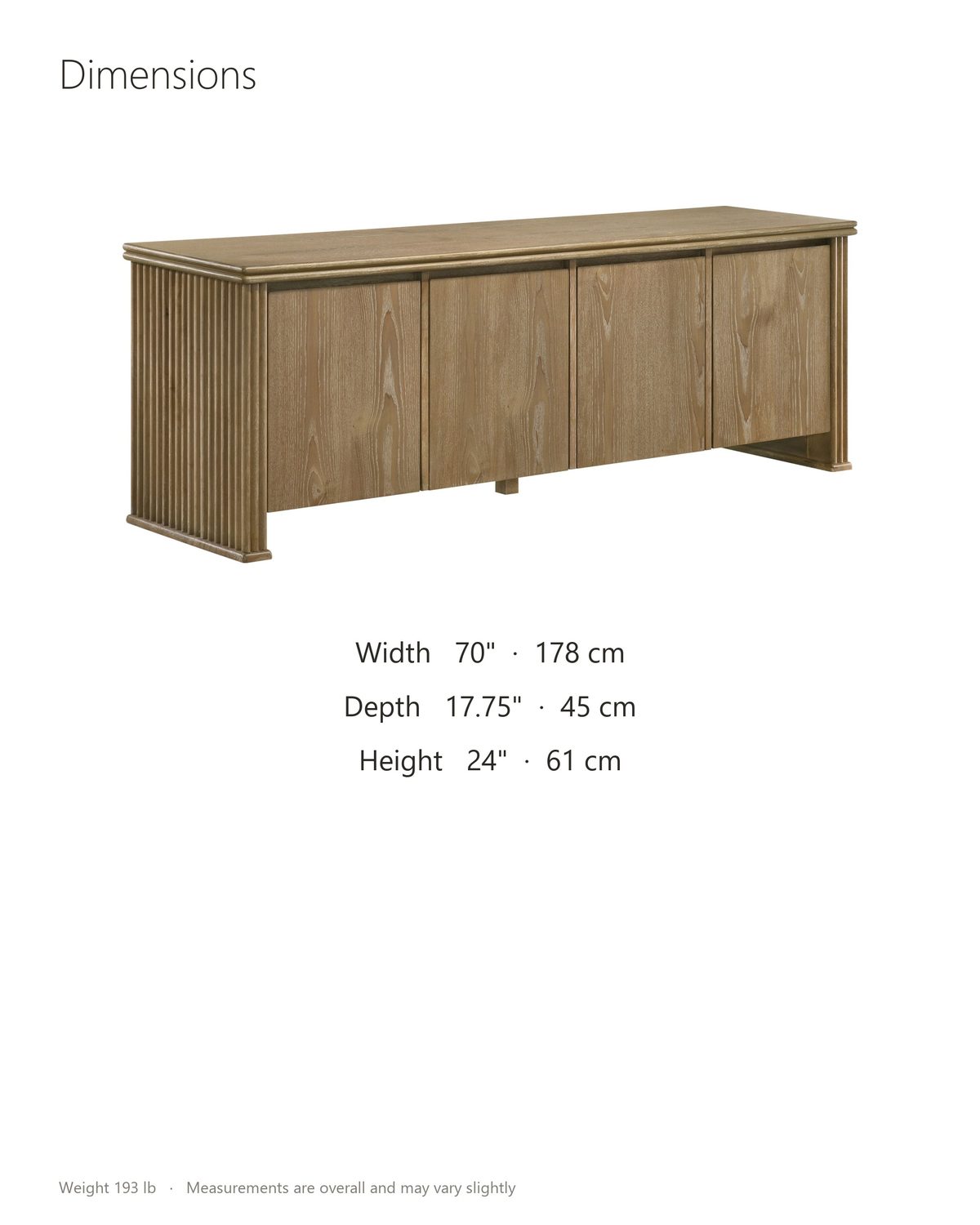 Cefalu Fluted Oak Media Console dimensions: 70 in wide, 17.75 in deep, 24 in high