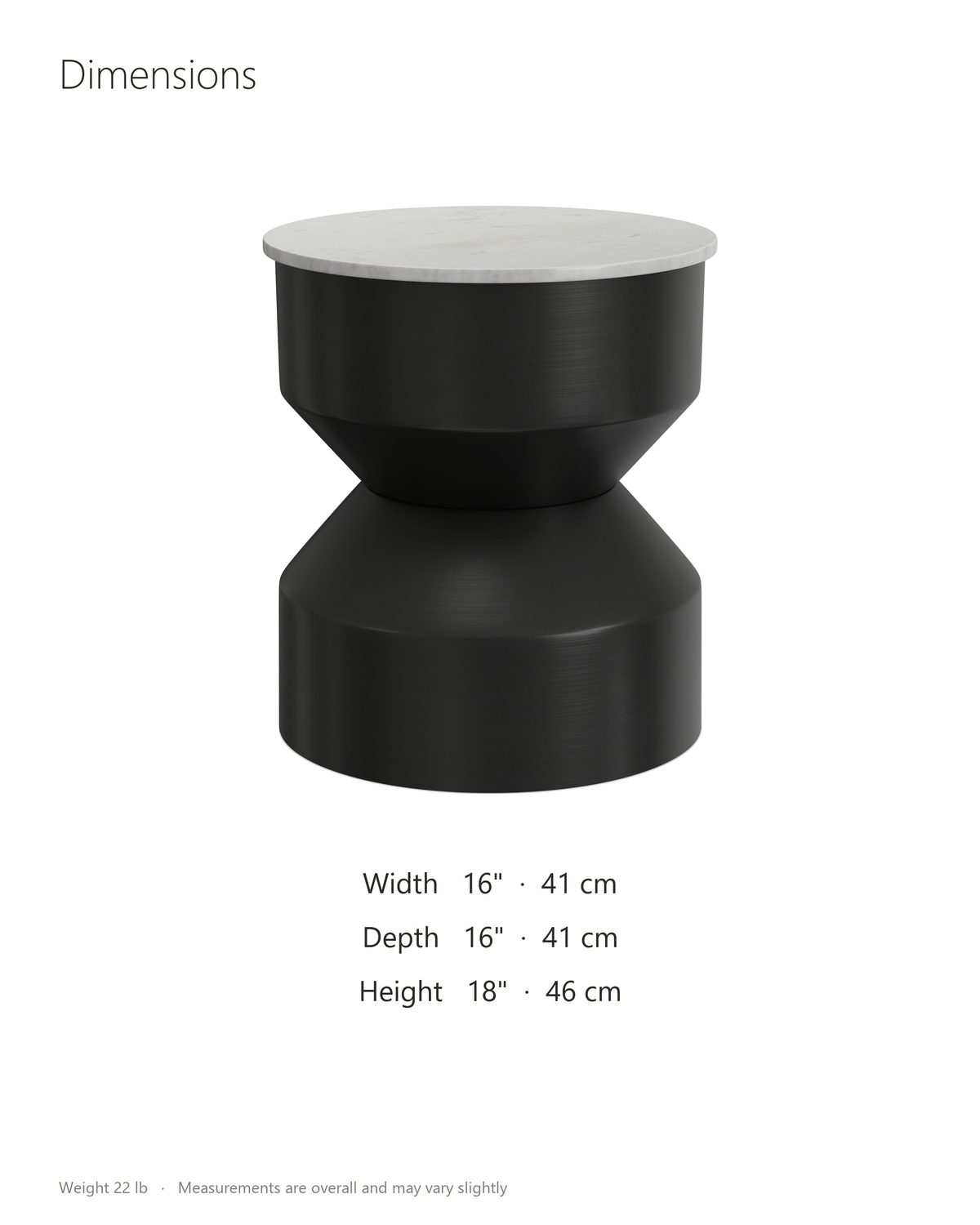Ceglie White Marble Hourglass Side Table dimensions: 16 in wide, 16 in deep, 18 in high