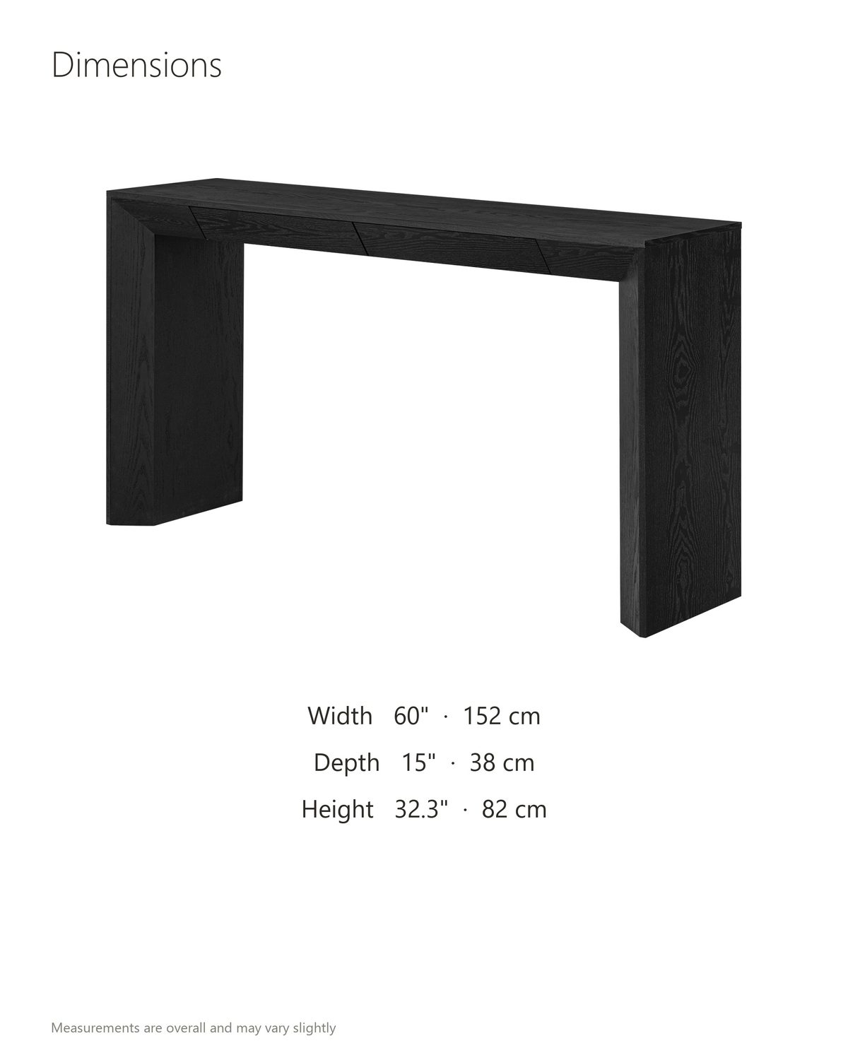 Cellamare Black Ash Veneer Waterfall Console Table dimensions: 60 in wide, 15 in deep, 32.3 in high