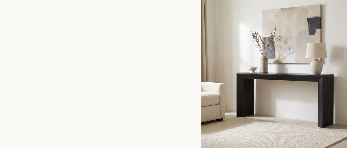 Black ash, folded at the ends. - Cellamare Black Ash Veneer Waterfall Console Table