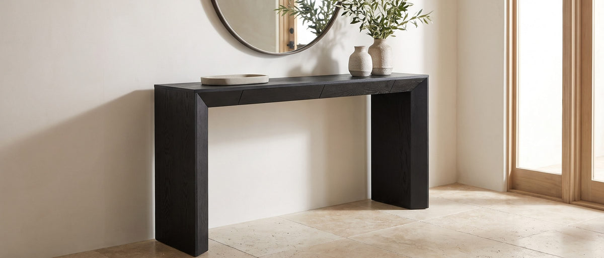 Cellamare Black Ash Veneer Waterfall Console Table in the room