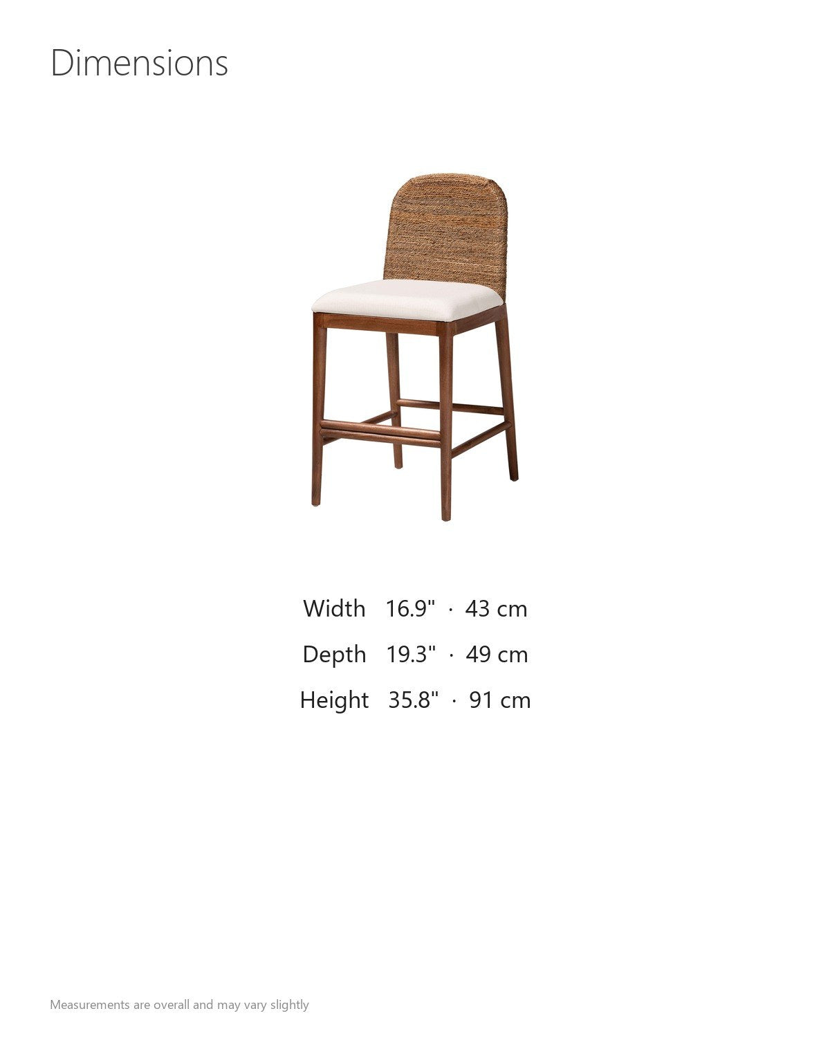 Cerisano Seagrass and Acacia Wood Counter Stool dimensions