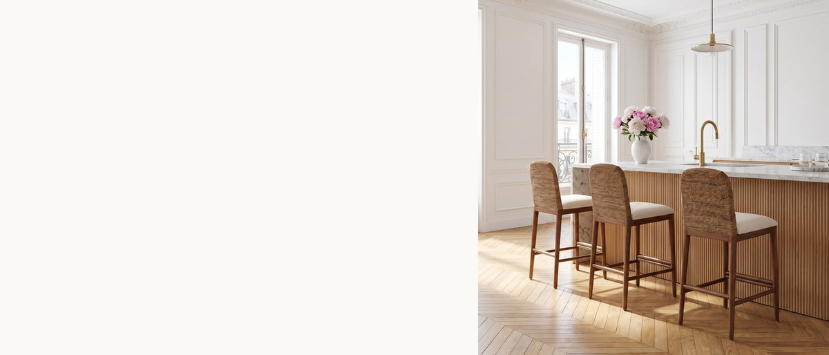 Natural texture at the counter. - Cerisano Seagrass and Acacia Wood Counter Stool
