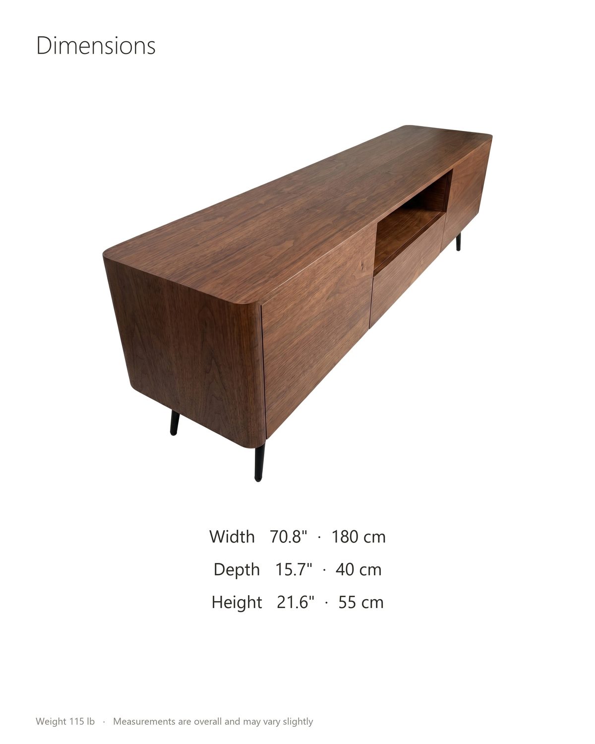 Cernobbio Curved Walnut Media Console dimensions: 70.8 in wide, 15.7 in deep, 21.6 in high