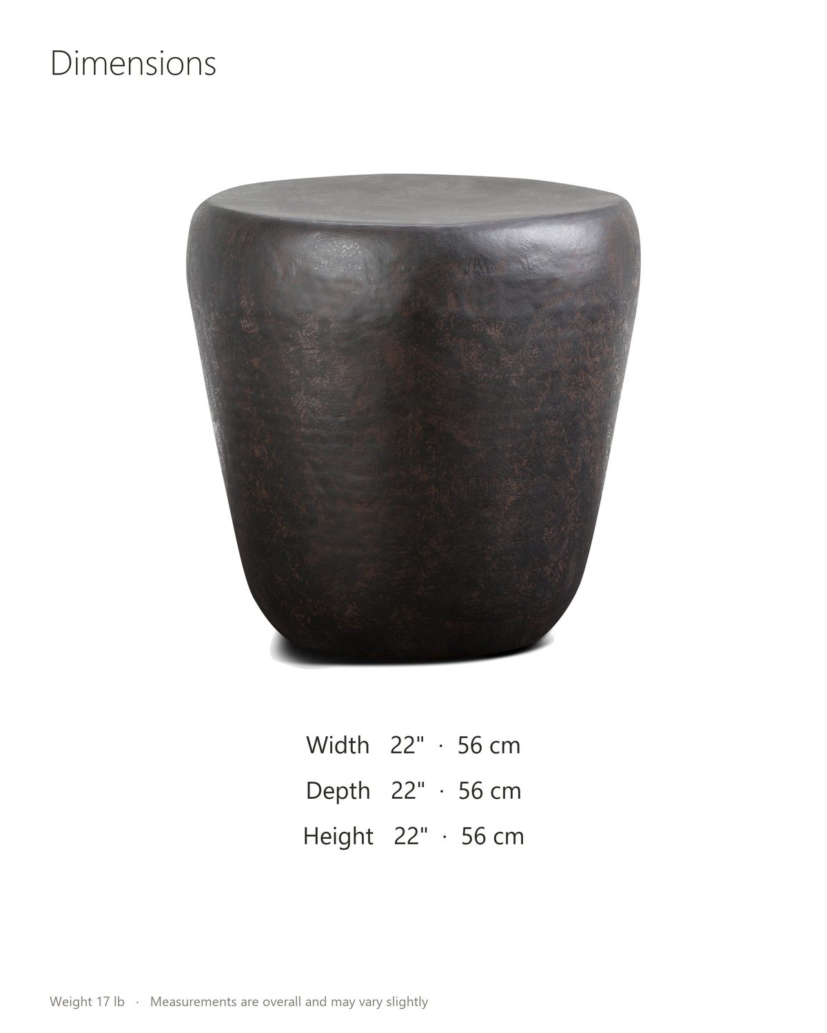 Cervara Rustic Bronze Metal Drum Side Table dimensions: 22 in wide, 22 in deep, 22 in high