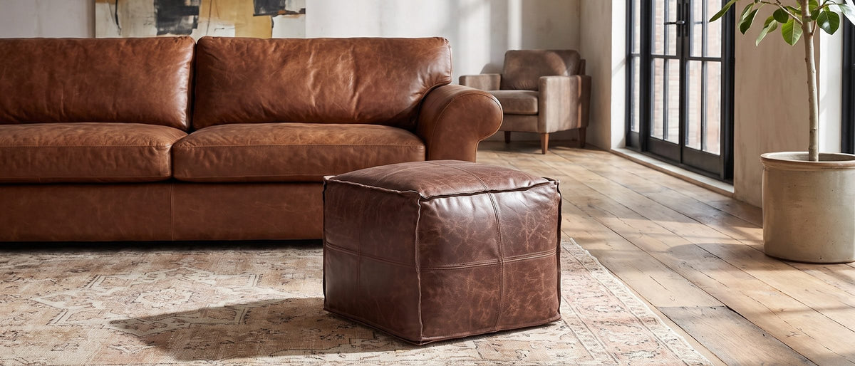Brown on cognac, low and square. - Cervo Distressed Brown Genuine Leather Square Pouf