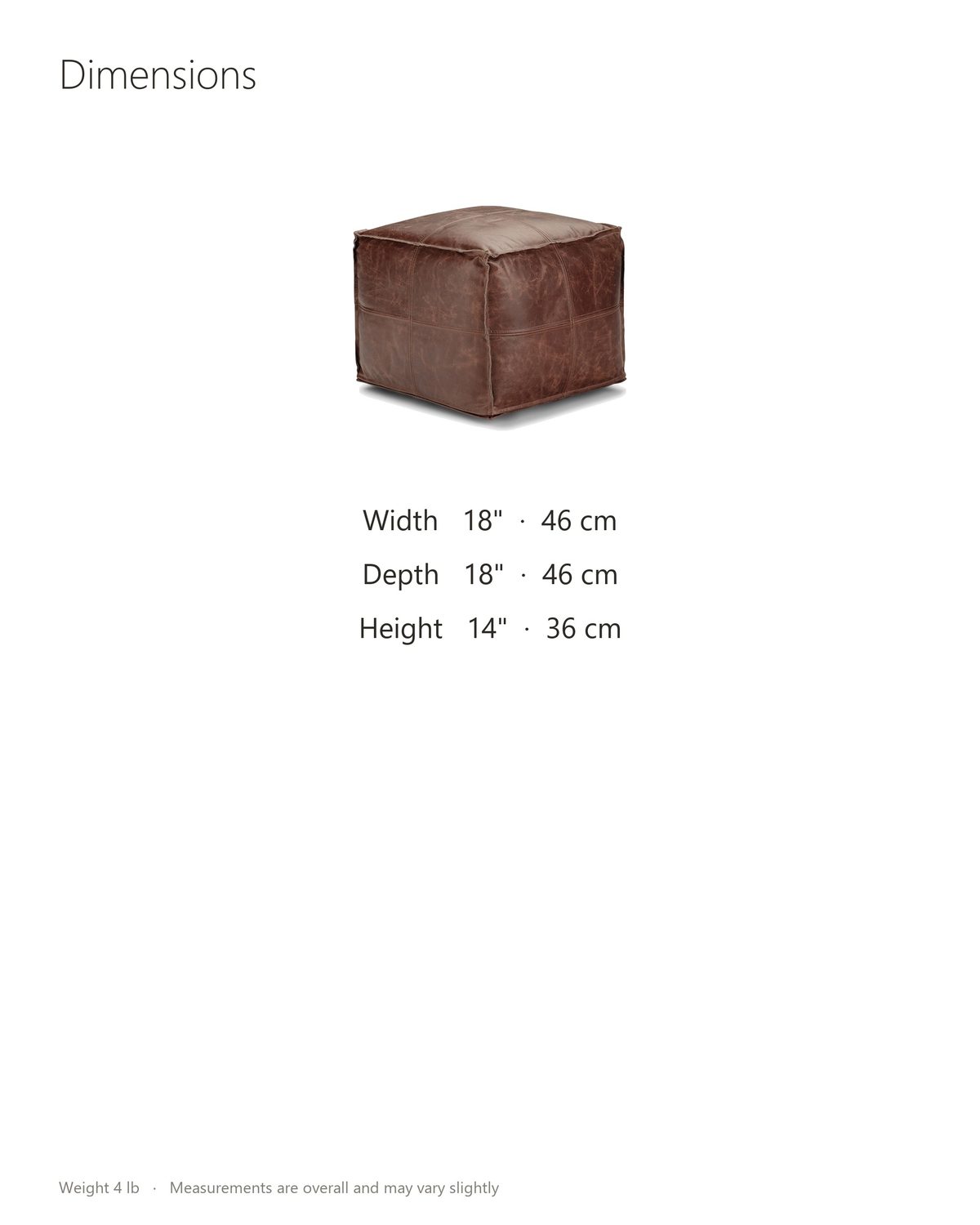 Cervo Distressed Brown Genuine Leather Square Pouf dimensions: 18 in wide, 18 in deep, 14 in high