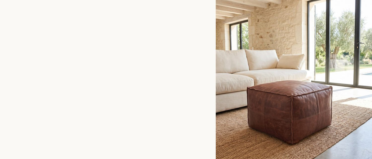 Pieced leather, low and square. - Cervo Distressed Brown Genuine Leather Square Pouf