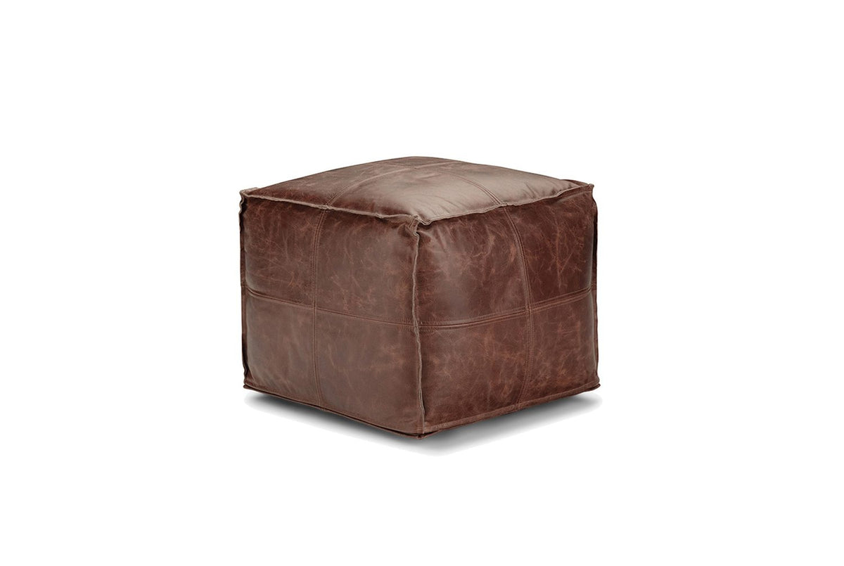 Cervo Distressed Brown Genuine Leather Square Pouf in the room