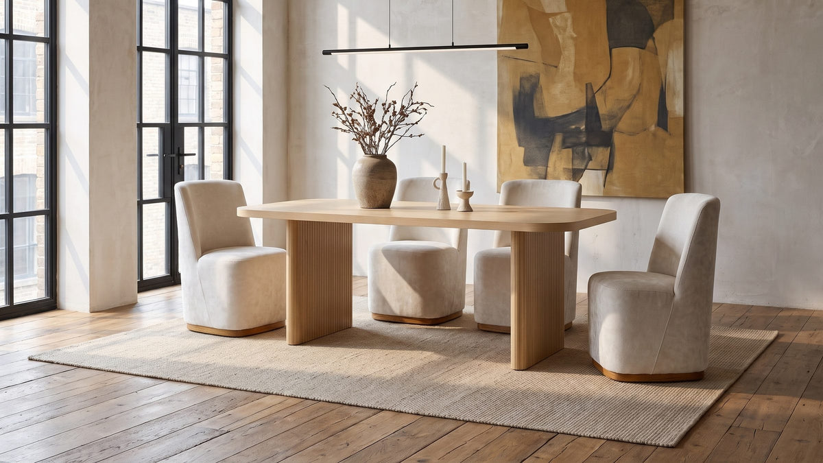 Pale oak, soft beige. - Cetraro 68.75-Inch Fluted Leg Dining Set with 4 Upholstered Chairs