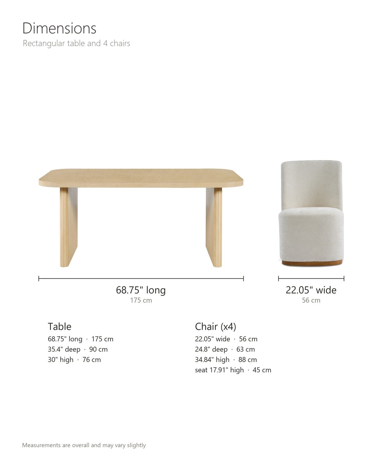 Cetraro 68.75-Inch Fluted Leg Dining Set with 4 Upholstered Chairs dimensions: table 68.75 in long, 35.4 in deep and 30 in high; each chair 22.05 in wide, 24.8 in deep and 34.84 in high, seat 17.91 in high