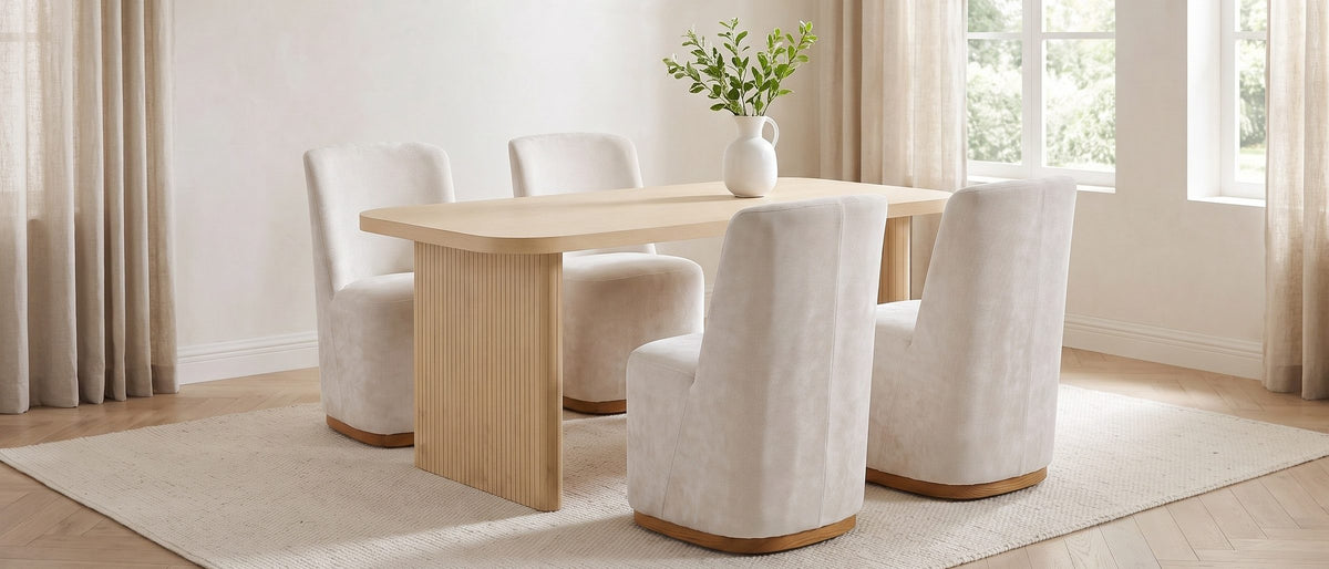 Cetraro 68.75-Inch Fluted Leg Dining Set with 4 Upholstered Chairs in the room