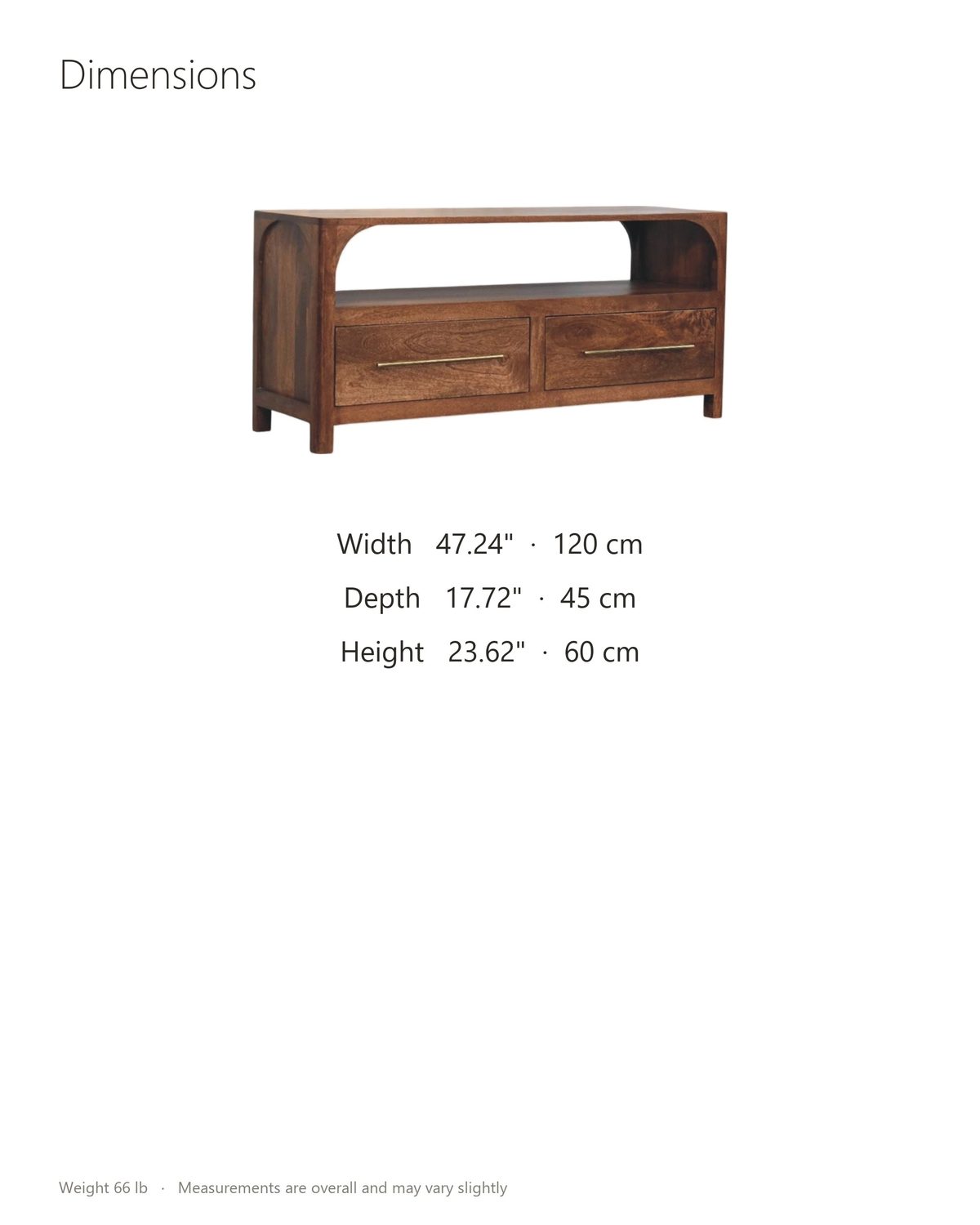 Cherasco Arch Mango Media Console dimensions: 47.24 in wide, 17.72 in deep, 23.62 in high