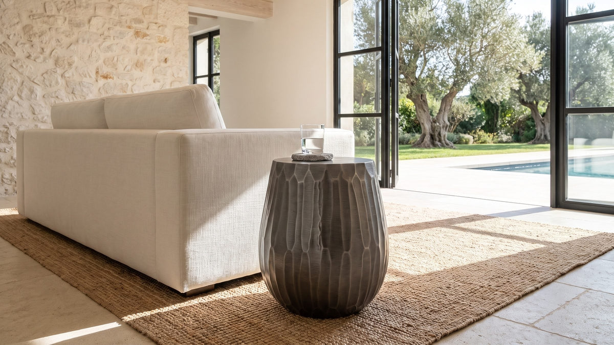 Metal, with texture. - Chianciano Cast Aluminum Faceted Drum Side Table