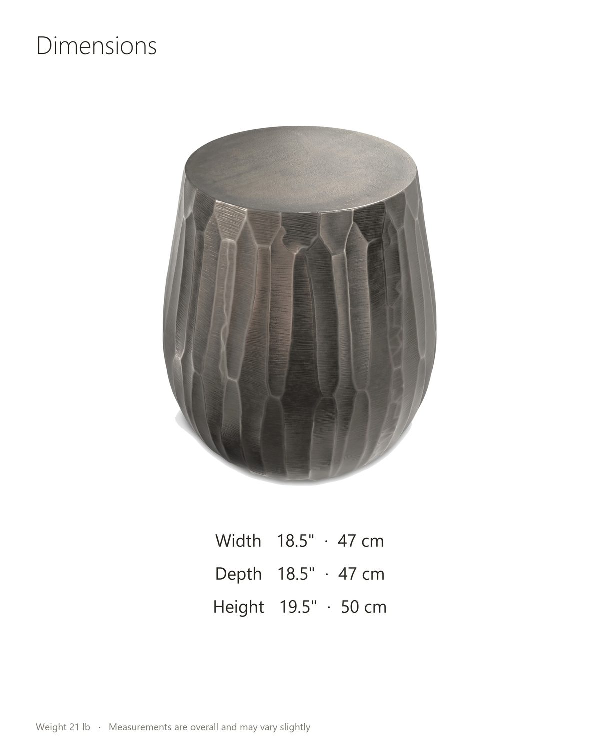 Chianciano Cast Aluminum Faceted Drum Side Table dimensions: 18.5 in wide, 18.5 in deep, 19.5 in high