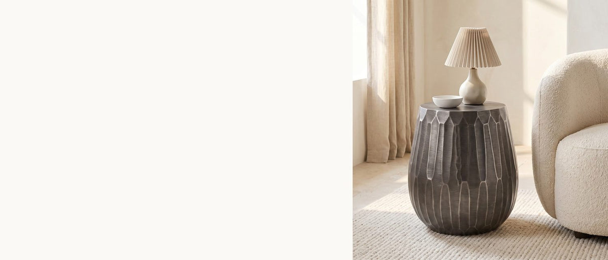 Faceted metal, graphite grey. - Chianciano Cast Aluminum Faceted Drum Side Table