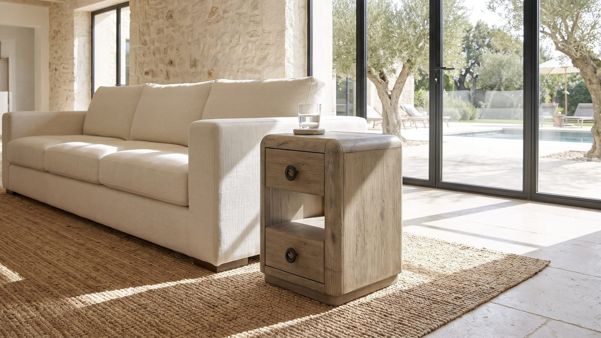 Soft corners, weathered oak. - Chiaromonte Knotty Oak Veneer Two-Drawer Side Table