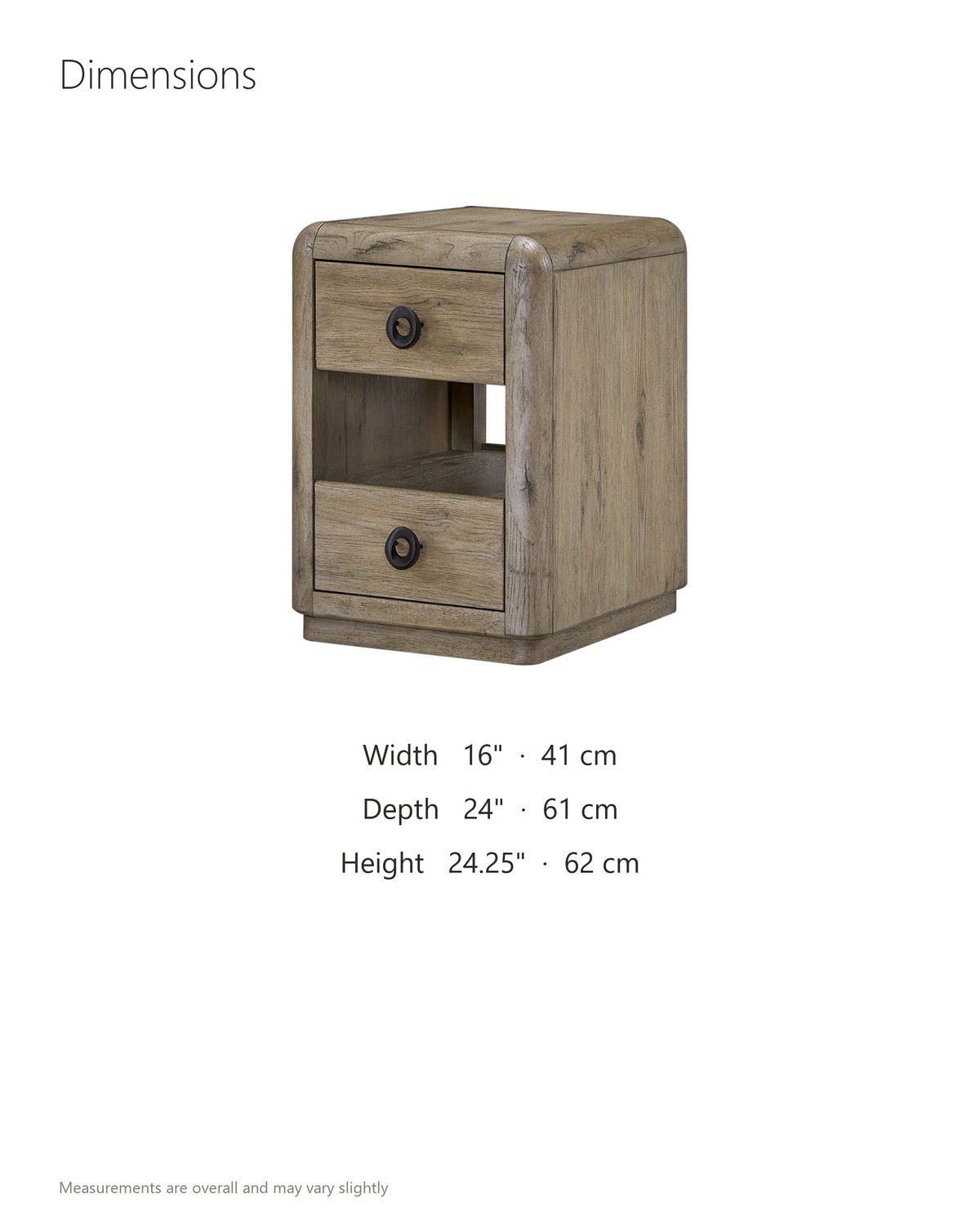 Chiaromonte Knotty Oak Veneer Two-Drawer Side Table dimensions: 16 in wide, 24 in deep, 24.25 in high