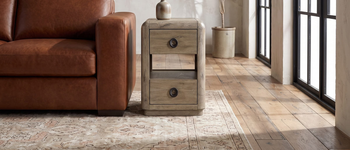 Chiaromonte Knotty Oak Veneer Two-Drawer Side Table in the room