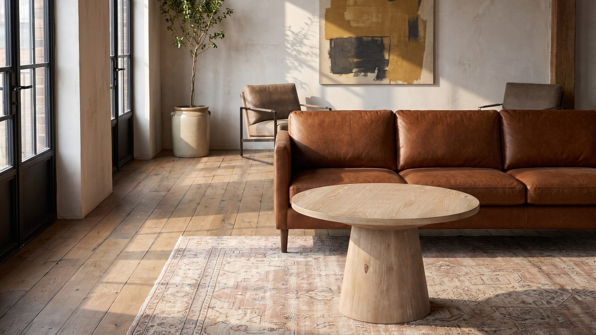 Pale oak, one quiet shape. - Chiavari Oak Veneer Round Pedestal Coffee Table