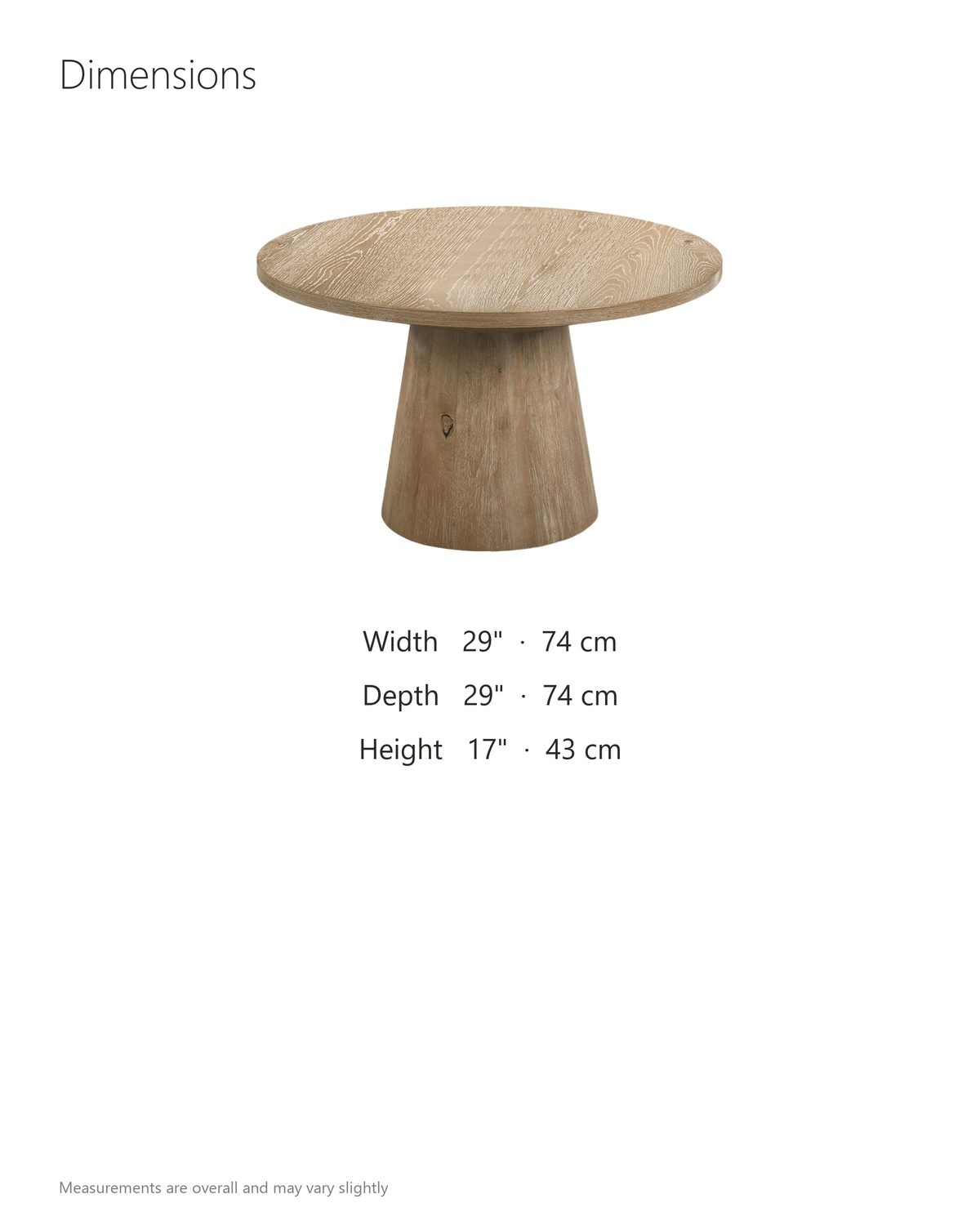 Chiavari Oak Veneer Round Pedestal Coffee Table dimensions: 29 in wide, 29 in deep, 17 in high