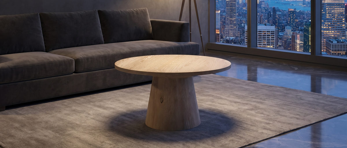 Chiavari Oak Veneer Round Pedestal Coffee Table in the room