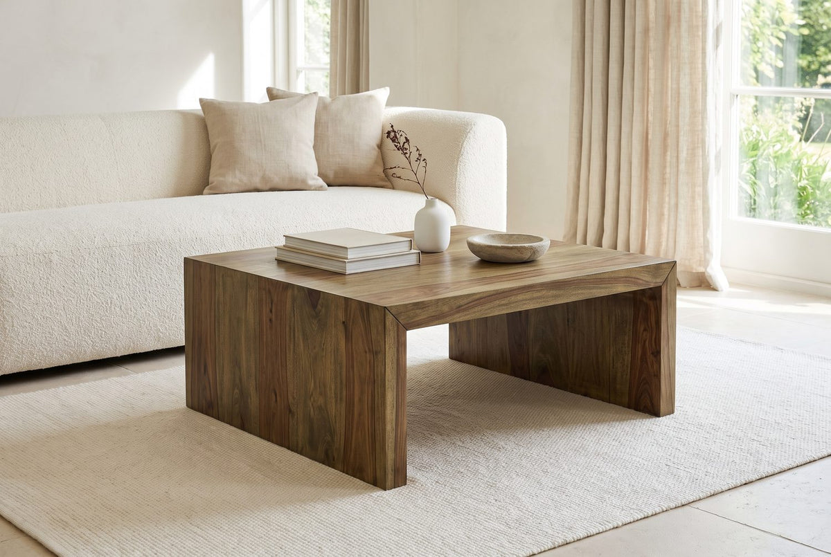 Figured wood, quiet room. - Chieri 34-Inch Square Solid Sheesham Waterfall Coffee Table