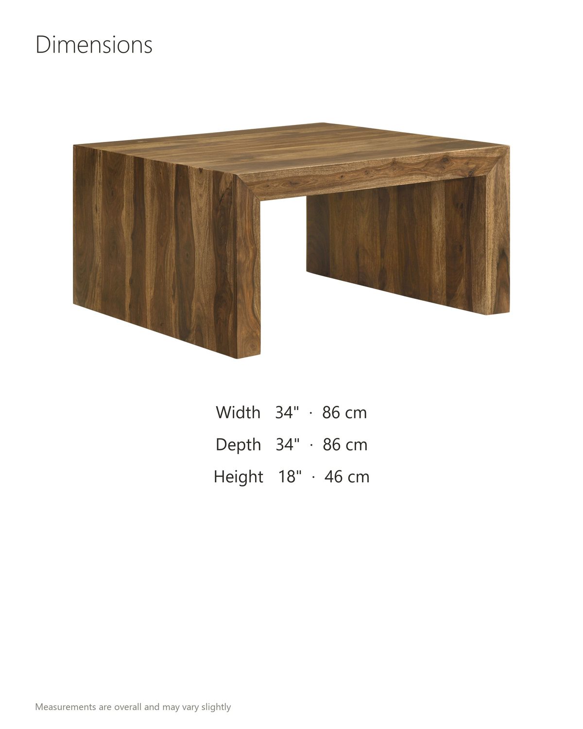 Chieri 34-Inch Square Solid Sheesham Waterfall Coffee Table dimensions: 34 in wide, 34 in deep, 18 in high