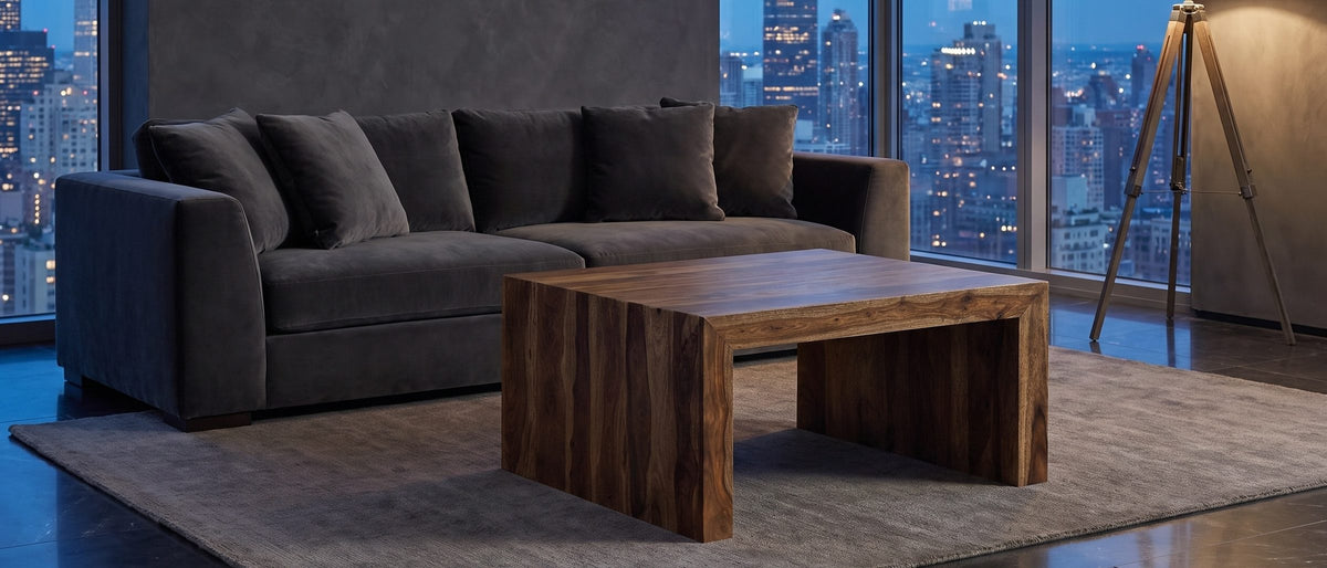 Chieri 34-Inch Square Solid Sheesham Waterfall Coffee Table in the room